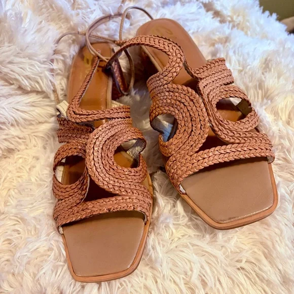 Sbicca Vintage Collection Braided Leather Sandals Tan Square Boho Ankle Strap - Picture 7 of 11